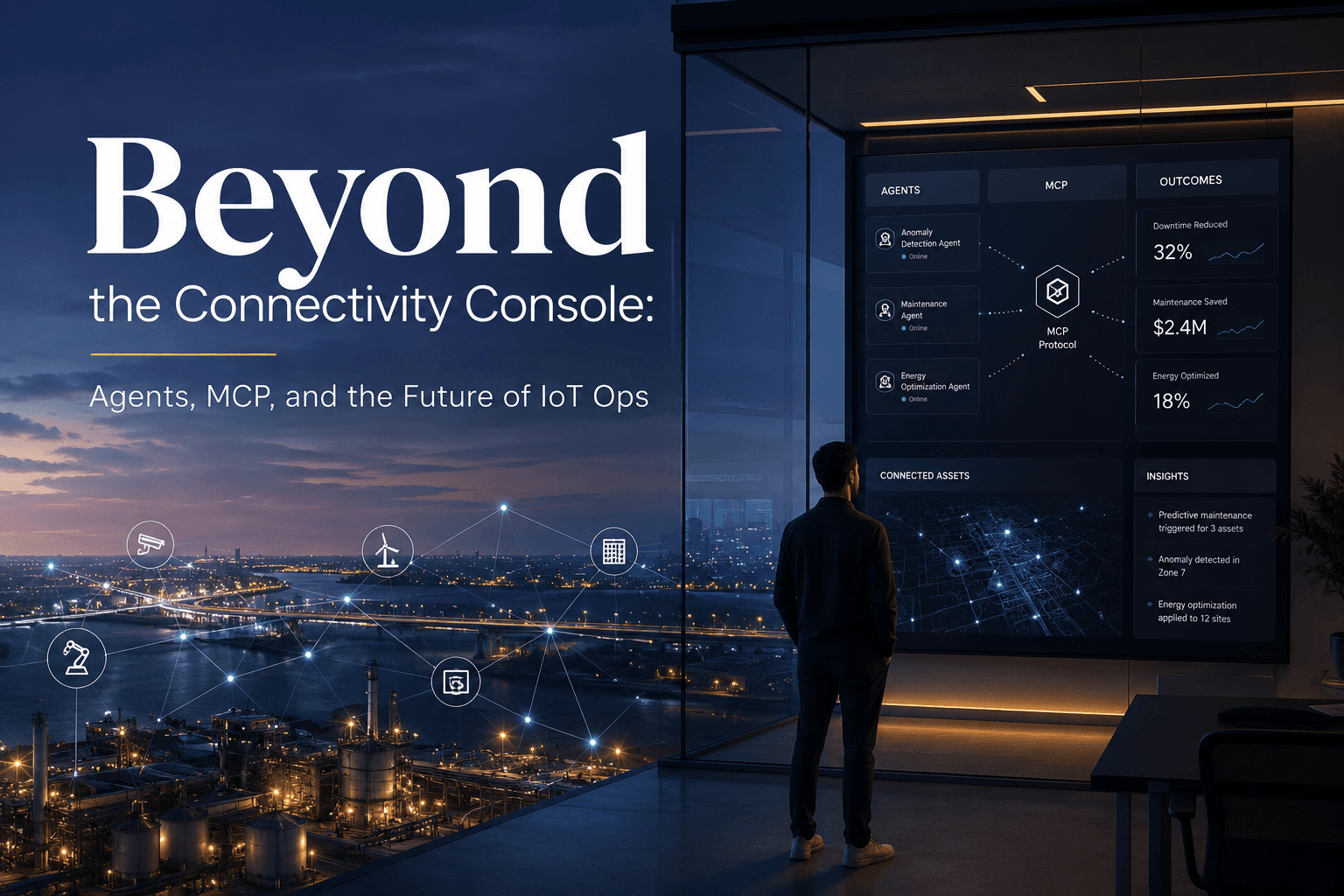 An operator watches an agent dashboard while an IoT-lit cityscape stretches below.
